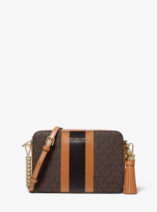 Damske Prenosná Taška Michael Kors Ginny Medium Logo Stripe Čokoláda Žlté - Kabelky Michael Kors Levně | NVCMT-5719